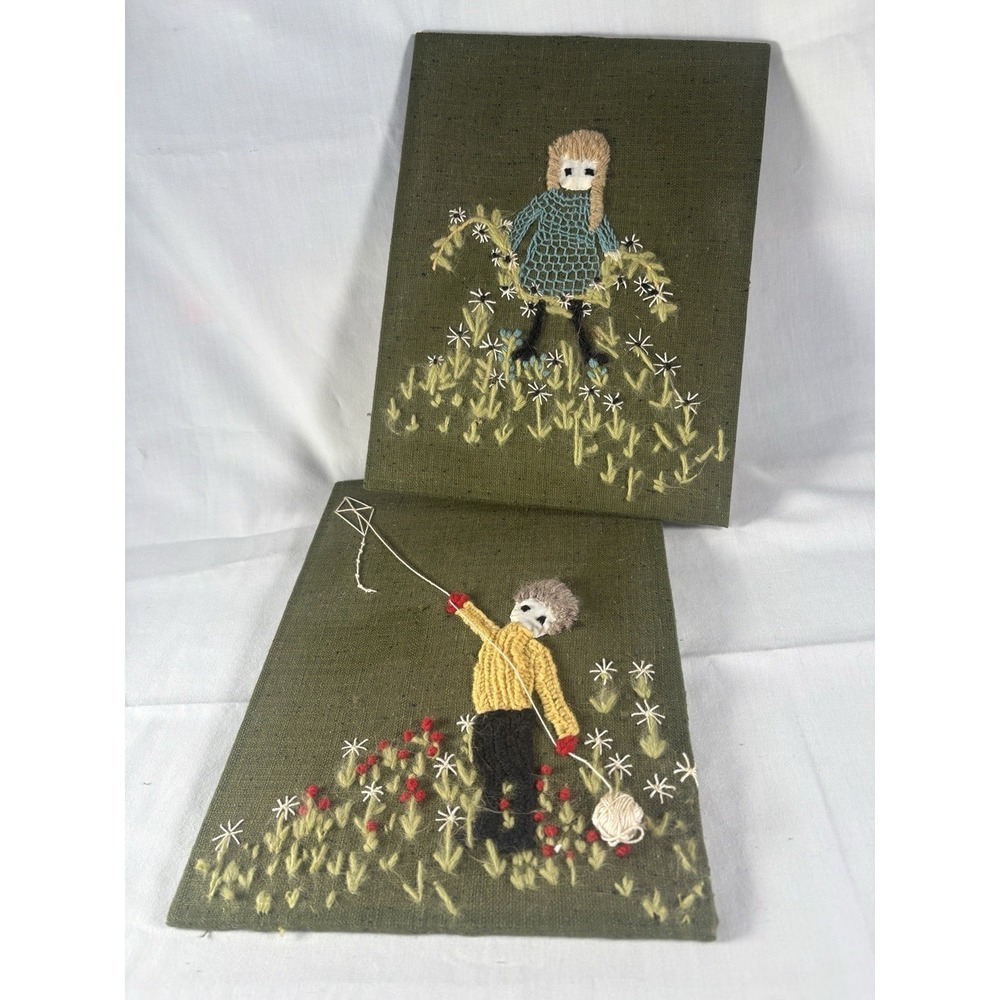 Crewel Needlepoint Art SET OF 2 Boy Girl Kite Flowers Board Back unframed 70's - Picture 12 of 12